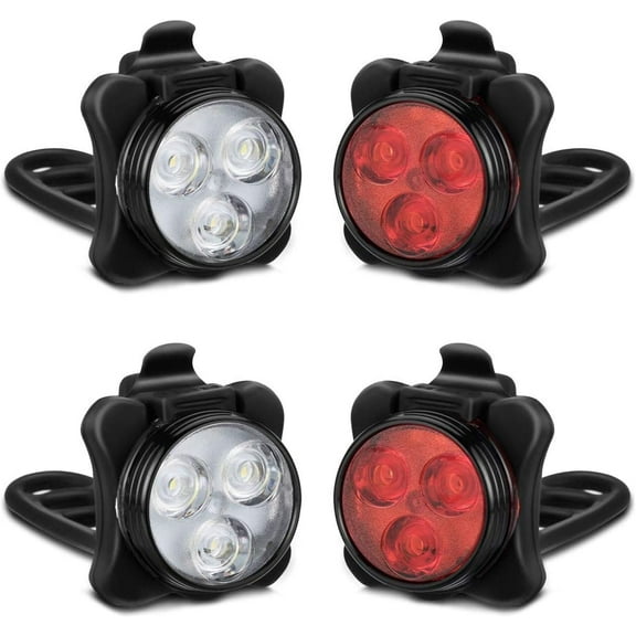 2X Rechargeable Bike Light Sets (Total of 4 Lights: 2X Red and 2X White), Super Bright Front Headlights and Rear LED Bicycle Lights, 650mah Lithium Batteries,4 Light Mode Options