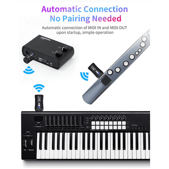 2X Rechargeable Midi Wireless Guitar System Audio Receiver Transmitter Wireless Midi Adapter for Digital Piano Keyboard,2 set x wireless midi transceiver,Black