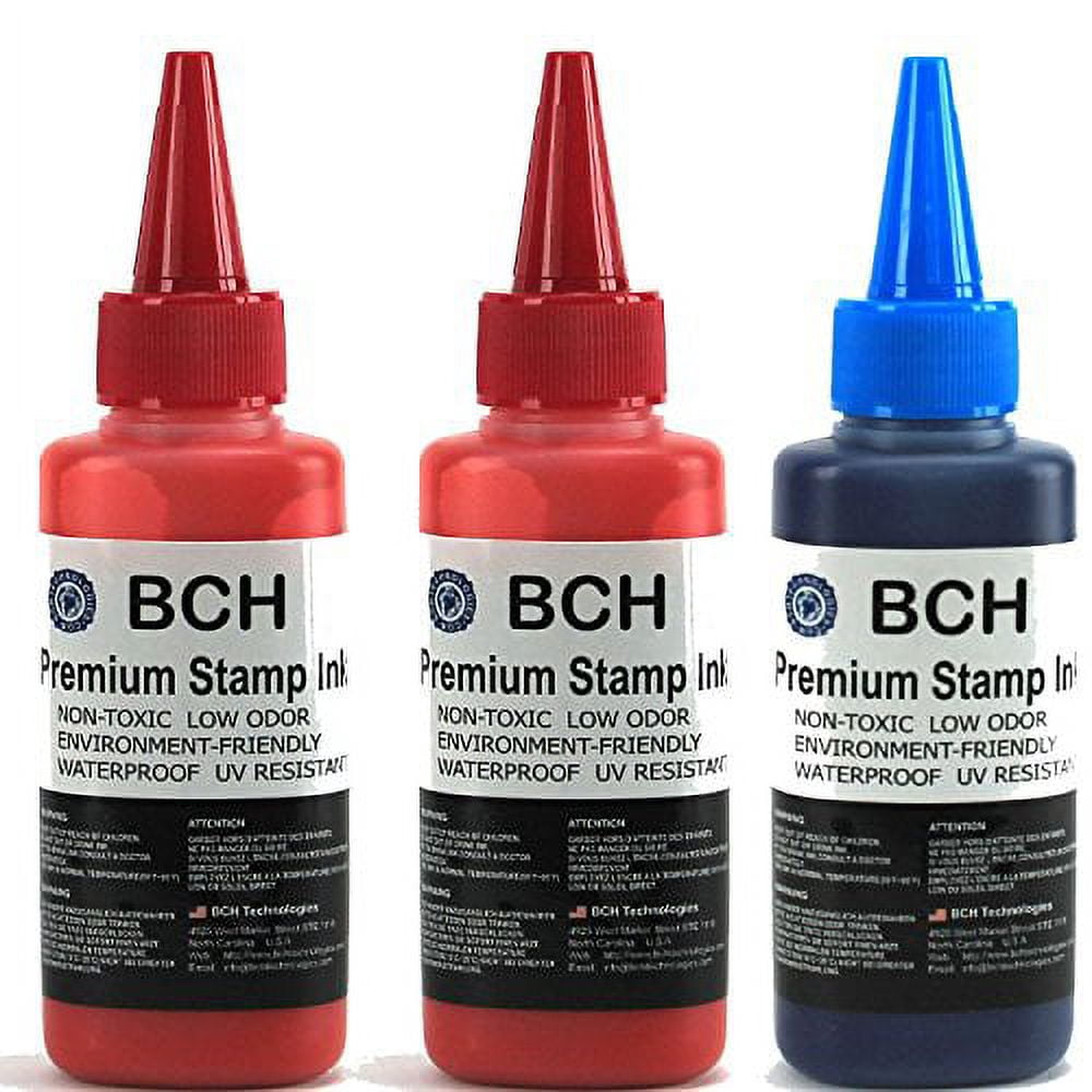 2X Red + 1X Blue Stamp Ink Refill by BCH - Premium Grade -2.5 oz (75 ml ...