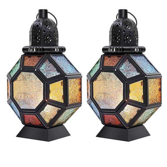 2X Retro Iron Candle Lantern,Portable Moroccan Stained Glass Holder Hanging Lamp Horse Light Wind Lantern
