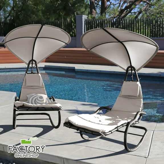 2X Rocking Hanging Lounge Chair - Curved Chaise Rocking Lounge Chair Swing For Backyard Patio w/ Built-in Pillow Removable Canopy with stand {Beige}