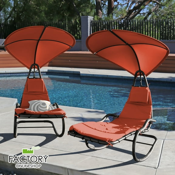 2X Rocking Hanging Lounge Chair - Curved Chaise Rocking Lounge Chair Swing For Backyard Patio w/ Built-in Pillow Removable Canopy with stand {Orange}