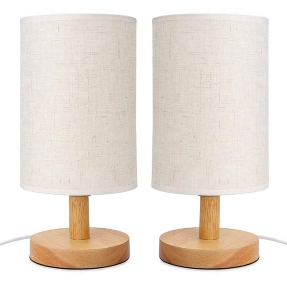 2X Round Bedside Table Lamp Nightstand Lamp with Fabric Shade and Solid Wood for Bedroom, Living Room Modern Office