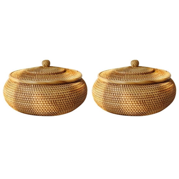 2X Round Rattan Box,Wicker Fruit Basket with Lid Bread Basket Tray Storage Basket Willow Woven Basket for Bread, Snack