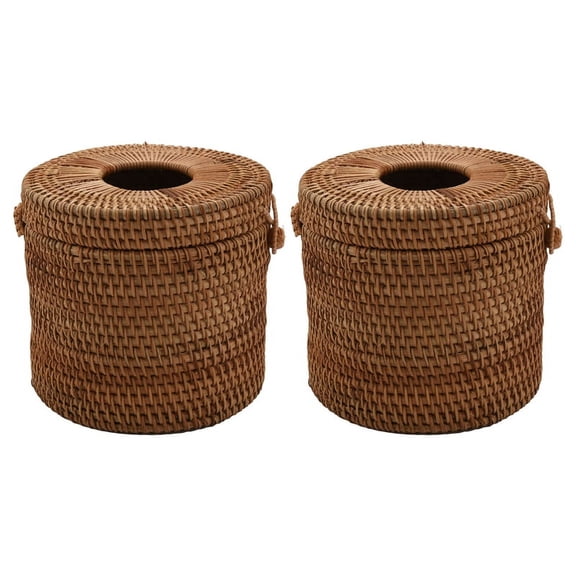 2X Round Rattan Tissue Box Vine Roll Holder Toilet Paper Cover Dispenser for Barthroom,Home,Hotel and Office