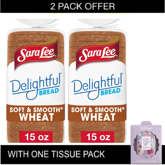 2X Sara Lee Delightful Soft & Smooth Wheat Bread, 15 oz with tissue pack