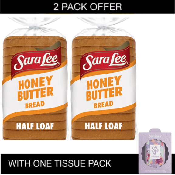 2X Sara Lee Honey Butter Bread, Half Loaf, 12 oz, Sandwich Bread, Bag with tissue pack