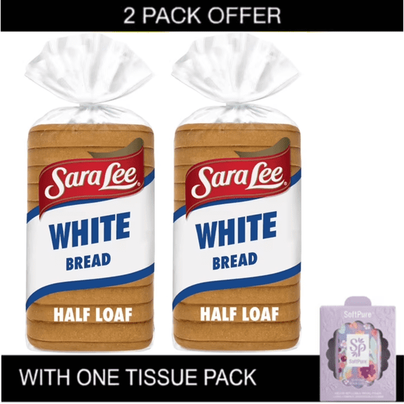 2X Sara Lee White Bread, Half Loaf, 12 oz, Sandwich Bread, Bag with tissue pack