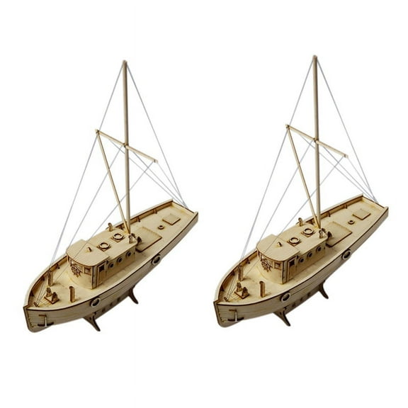 2X Ship Assembly Model DIY Kits Wooden Sailing Boat 1:30 Scale Decoration Toy Gift,2 x DIY Fishing boat,wood color