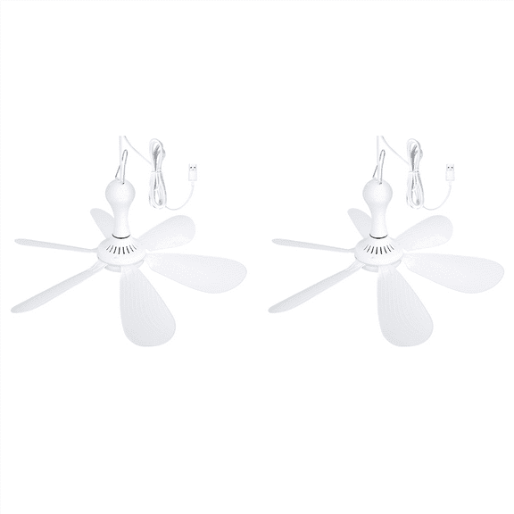 2X Silent 6 Leaves USB Powered Ceiling Canopy Fan Hanging Fan for Camping Bed Dormitory Tent,2x usb Hanging Fan,White