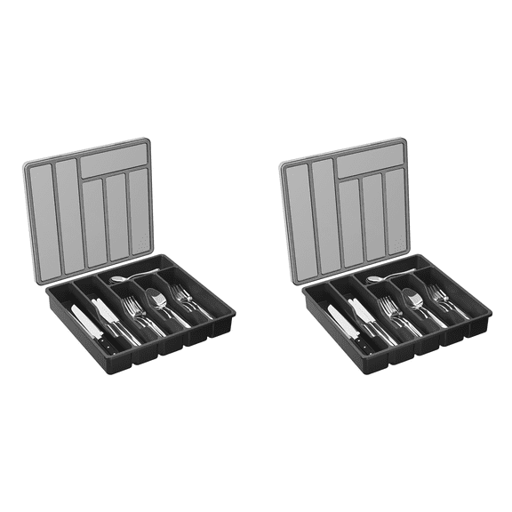 2X Silverware Organizer with Lid,Covered Utensil Tray for Kitchen Drawer Plastic Cutlery and Flatware Black,2 x cutlery drawer organizer (cutlery not included),Black