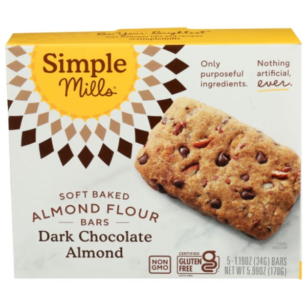 2X - Simple Mills Soft Baked Almond Flour Dark Chocolate Almond Bars 5 Pack 1.19 oz Package May Vary