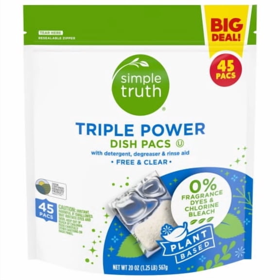 2X-Simple Truth Triple Power Free & Clear Dishwasher Detergent Pacs Big Deal! - 45 ct