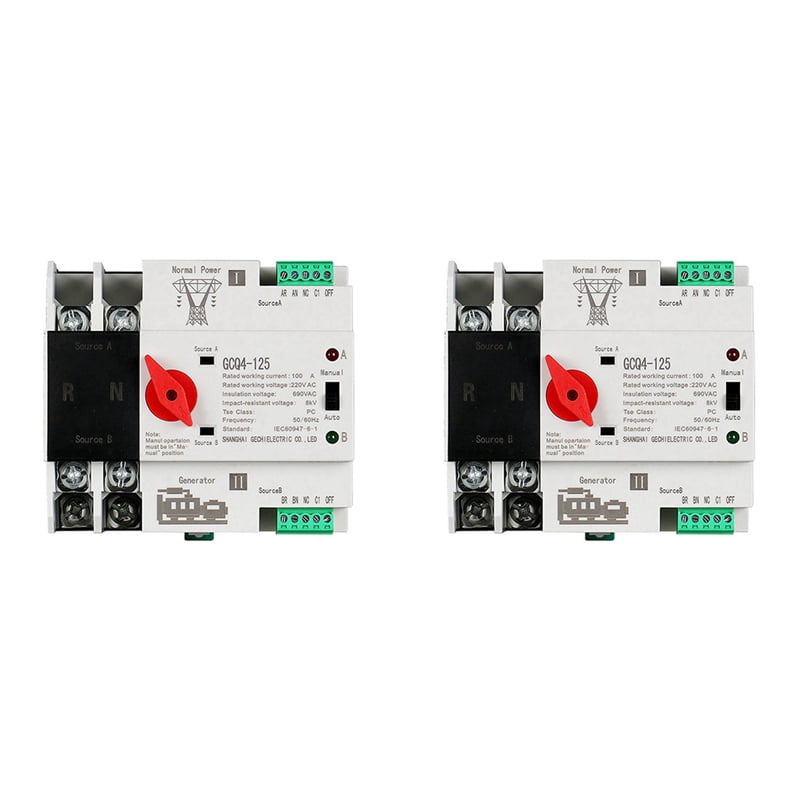 2X Single Phase Din Rail ATS 220V PC Dual Power Automatic Transfer Switch 2P 100A Household Power Transfer Switch