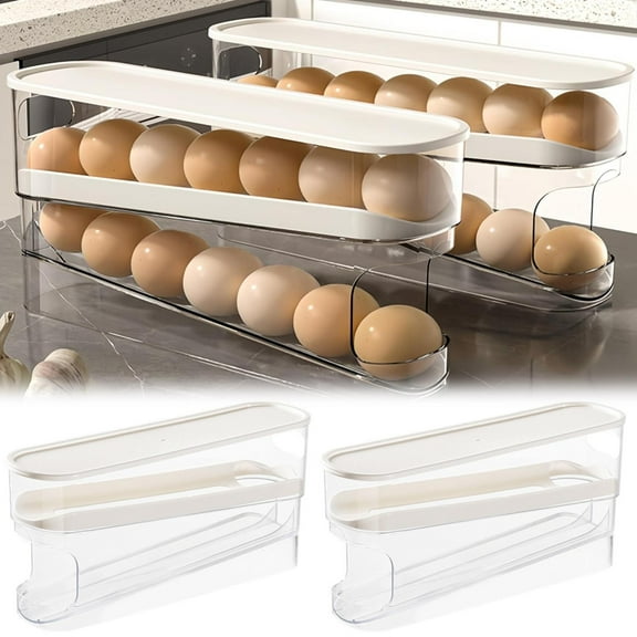 2X Slide Egg Box,Slide Egg Box 2Pc,Automatic Rolling Refrigerator Egg Storage Box Space Saving Egg Dispenser Suitable for Refrigerator Storage Box with Lid Refrigerator Egg Rack