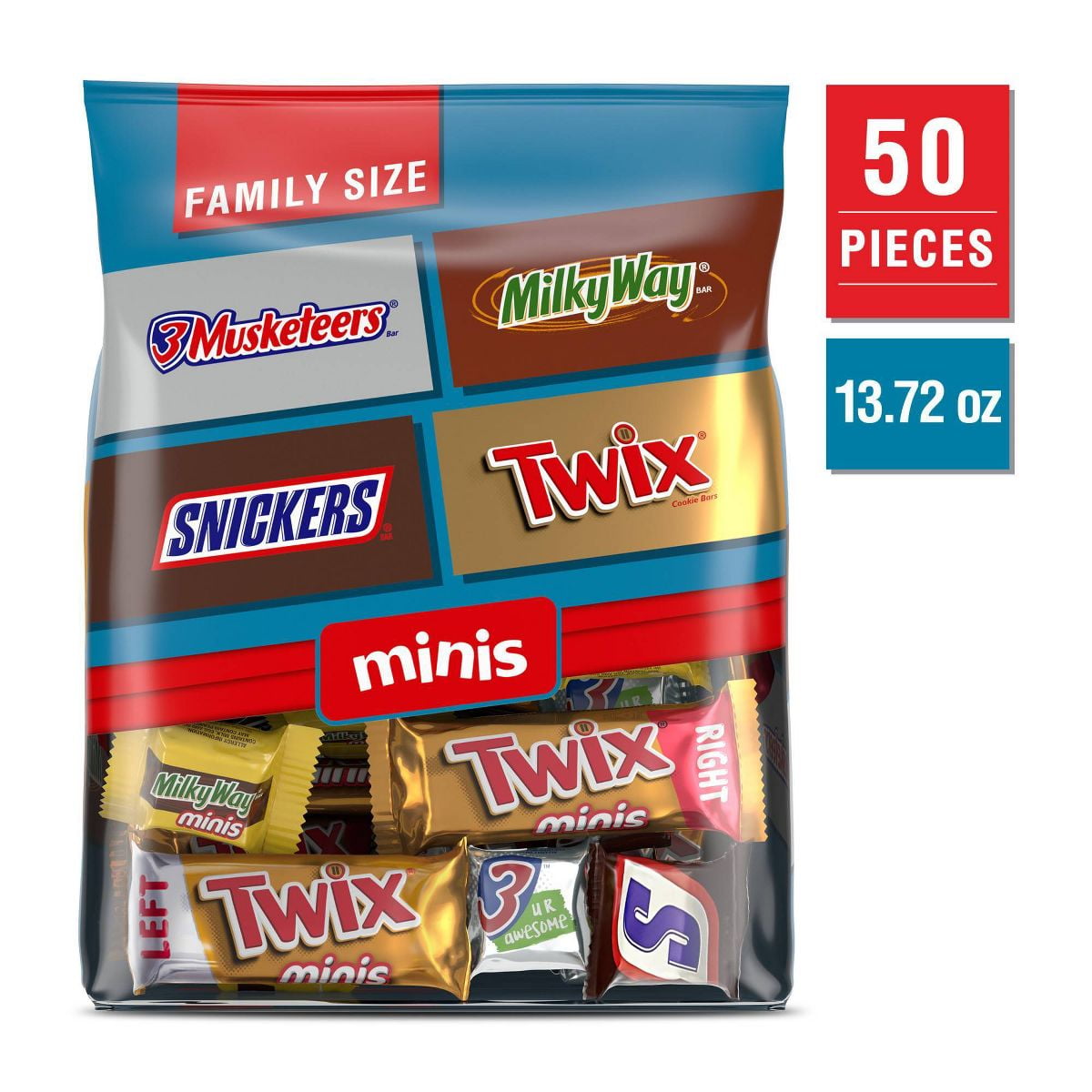 2X - Snickers, Twix, Milky Way 3 Musketeers Minis Chocolate Candy Bars, Family Size - 13.72oz Bulk Bag