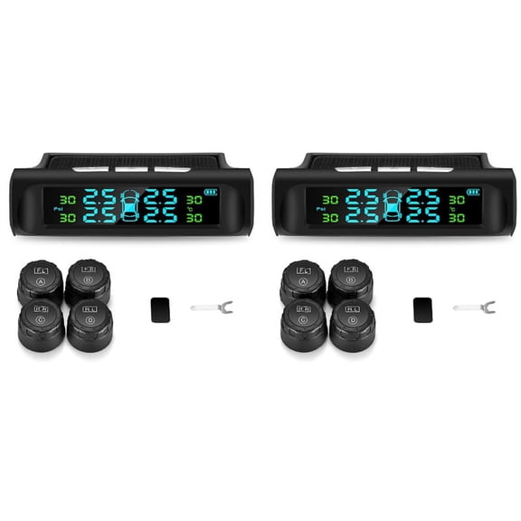 2X Solar Tpms Car Tire Pressure Alarm Monitoring System 4 External Automatic System Tire Pressure Temperature Warning,2* host 8* external sensor 2* non-slip mat 2* disassembly tool,Black