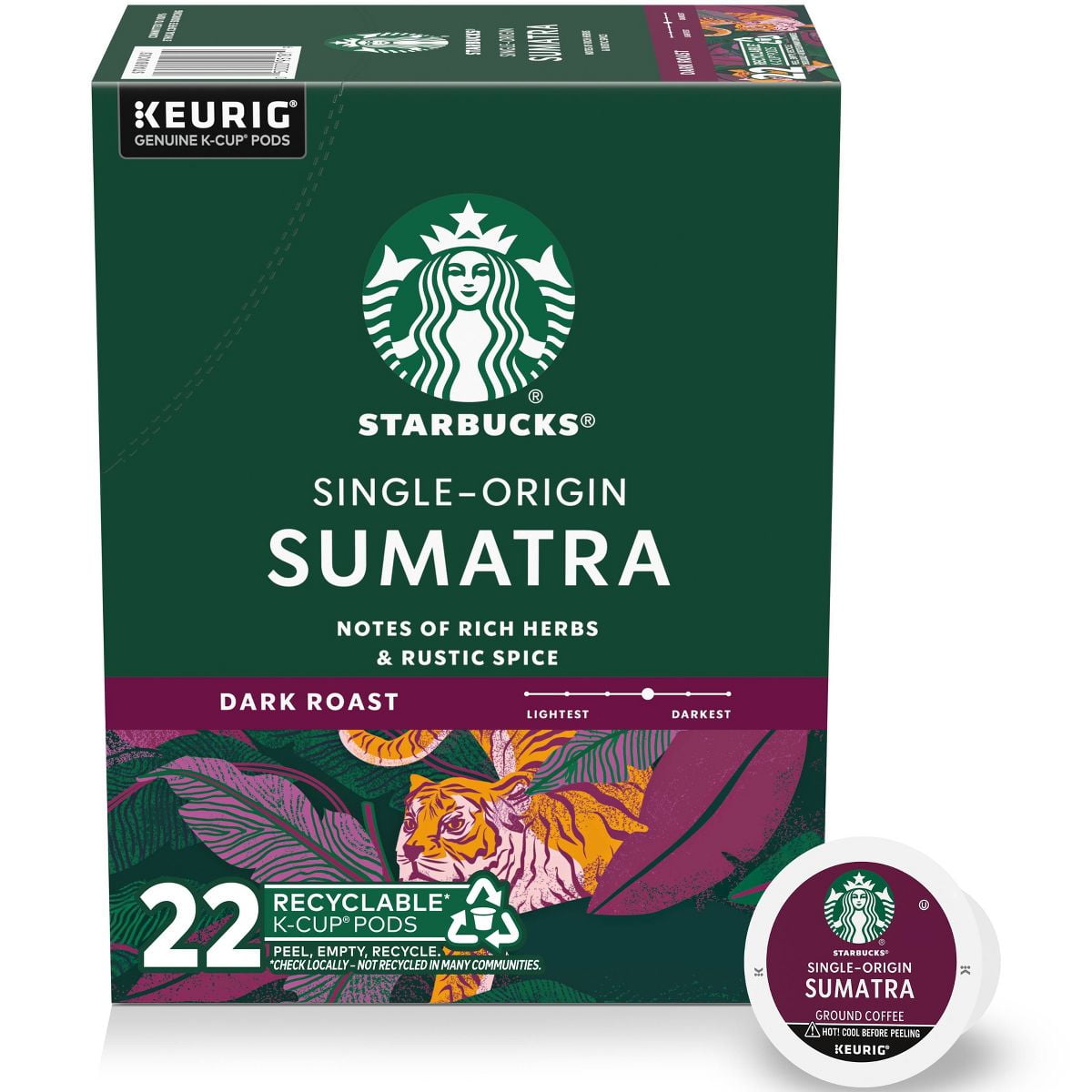 Starbucks Keurig Dark Roast Coffee Pods Sumatra 22 K-Cups