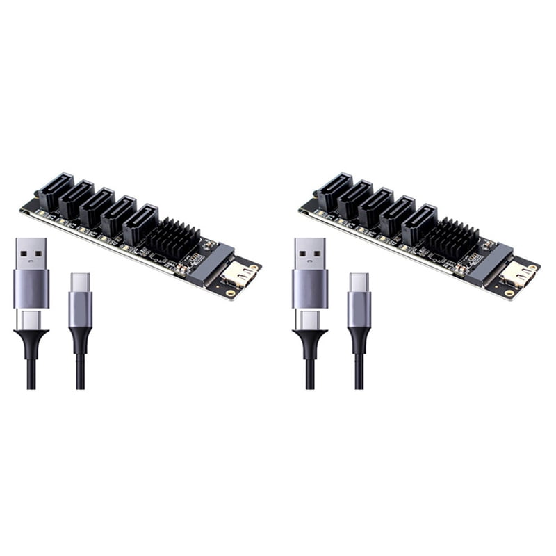 2X TYPE-C to SATA3.0 5 Ports Adapter Converter Card 6Gbps USB10G JM575+JMS580 for SSD HDD Expansion,2 x Expansion Card 2 x Data Cable,Black