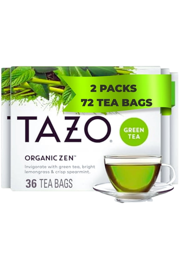 Organic Zen Green Tea Bags, Lemongrass & Spearmint, 72 Tea Bags (36 ct, Pack of 2), USDA Organic, Rainforest Alliance Certified