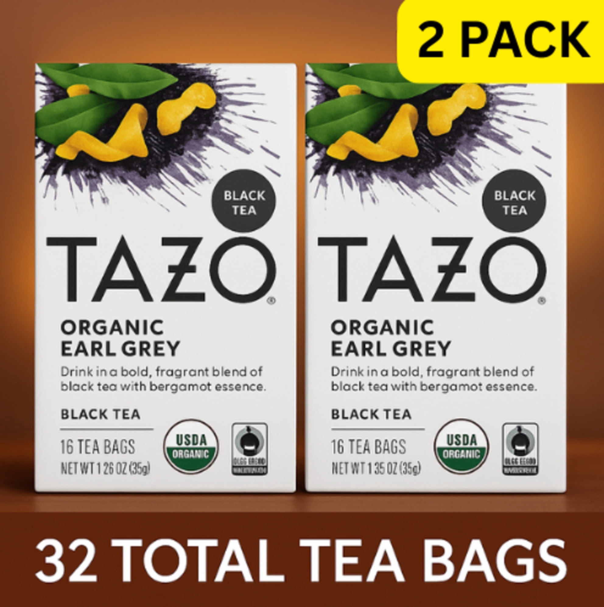 TAZO Organic Earl Grey Black Tea Bags, Bold Caffeinated Blend, 16 Count (Pack of 2) - 32 Tea Bags