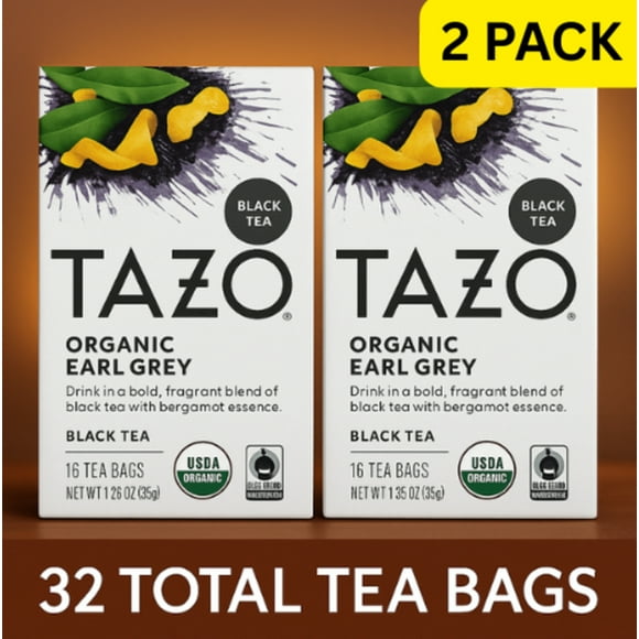 TAZO Organic Earl Grey Black Tea Bags, Bold Caffeinated Blend, 16 Count (Pack of 2) - 32 Tea Bags
