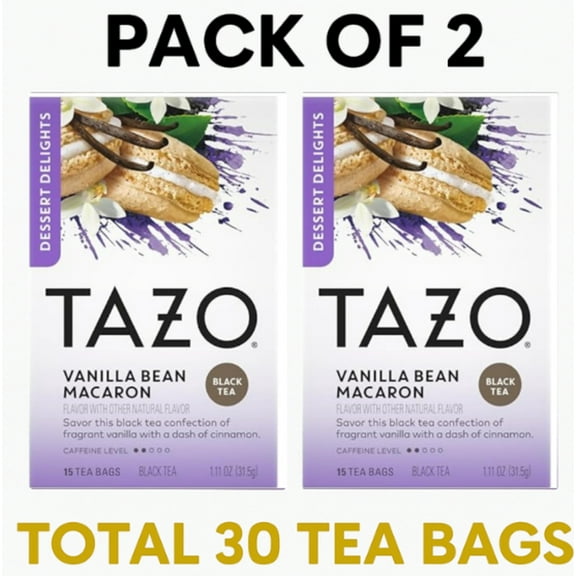 TAZO Dessert Delights Vanilla Bean Macaron Tea Bags, Black Tea with Cinnamon & Vanilla, Sugar-Free, Caffeinated, 30 Count (15ct, Pack of 2)
