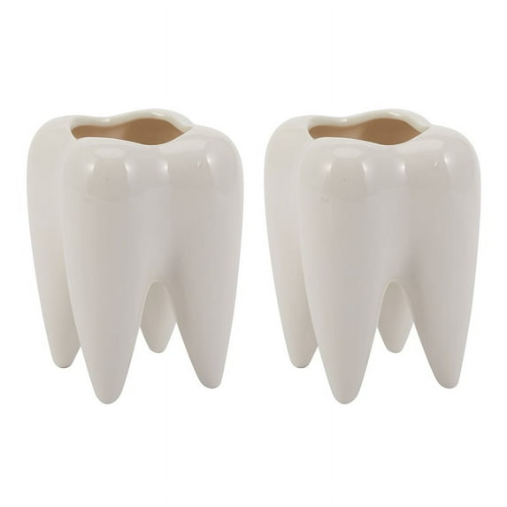 2X Tooth Shape White Ceramic Flower Pot Modern Design Planter Teeth Model Mini Desktop Pot Gift(Without Plants)