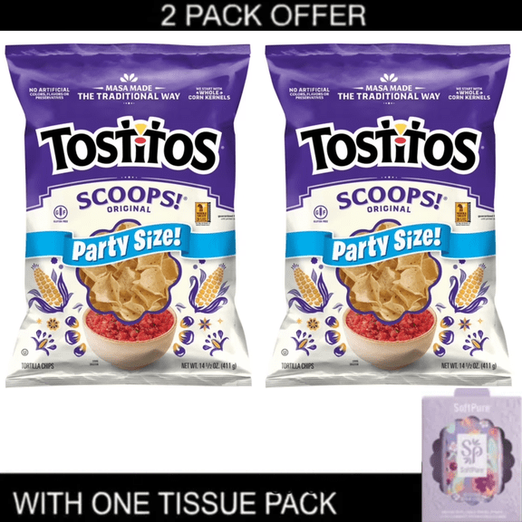 2X Tostitos Scoops! Party Size Tortilla Chips, 14.5 oz Bag with tissue pack