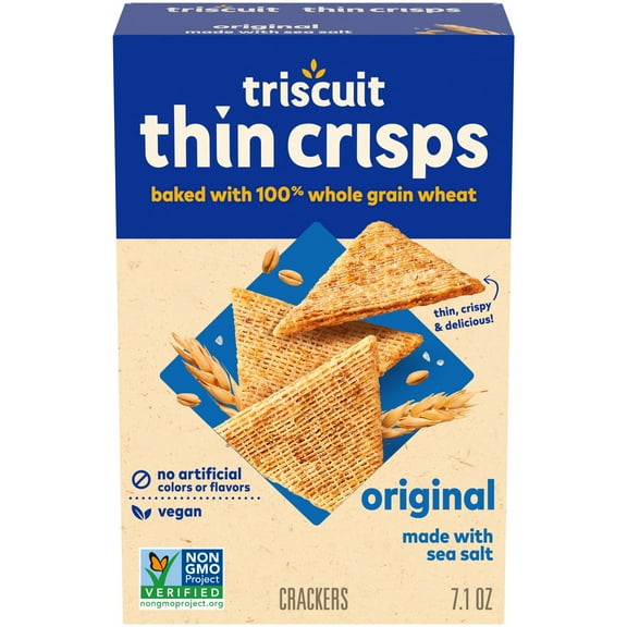 Pack of 2 - Triscuit Thin Crisps Original Whole Grain Wheat Crackers, Vegan Crackers, 7.1 Oz Packaging May Vary