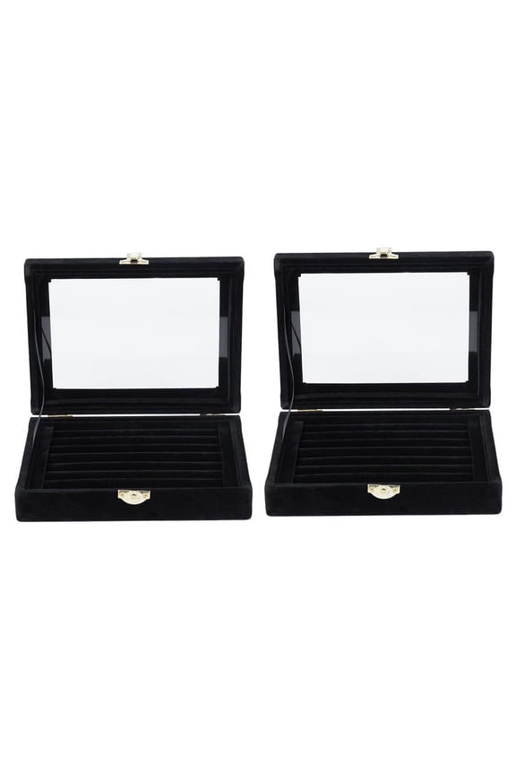 2X Velvet Glass Ring Earring Jewelry Display Organizer Box Tray Holder Storage Case, Black
