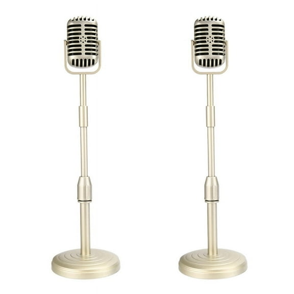 2X Vintage Desktop Microphone Prop Model with Adjustable Height, Classic Retro Style Microphone Stand Fake Mic Prop,Gold