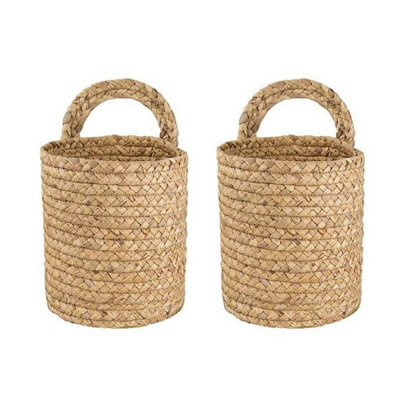 2X Wall Hanging Rattan Basket Planter Indoor Outdoor Hanging Rope Flower Plant Pot Basket Decor, S,2 x hanging basket,natural color