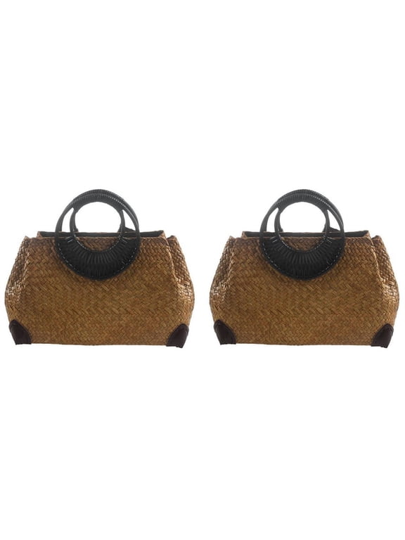 2X Women Straw Bags Female Bamboo Summer Beach Weave Handbag Lady Handmade Vintage Wood Handle Bag
