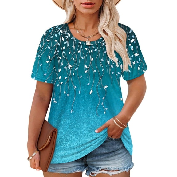 2X Womens Tops Plus Size Summer Pleated Shirts Elegant Short Sleeve Blouses Loose Fit Dressy Crew Neck Tees Floral