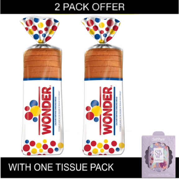 2X Wonder Bread Classic White Sandwich Bread, Sliced White Bread, 20 oz Loaf, Shelf-Stable with tissue pack