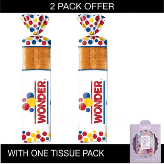 2X Wonder Bread Giant White Sandwich Bread, Sliced Loaf Bread, 24 oz, Shelf-Stable with tissue pack