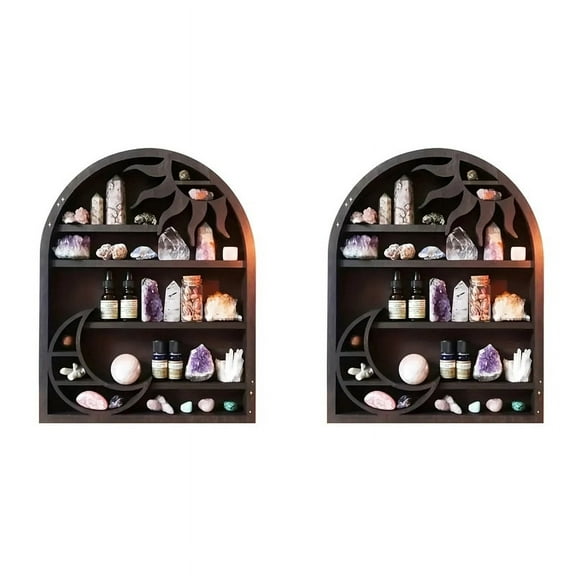 2X Wood Storage Shelf - Stylish and Practical Wall Shelf, Crescent Sun Moon Crystal