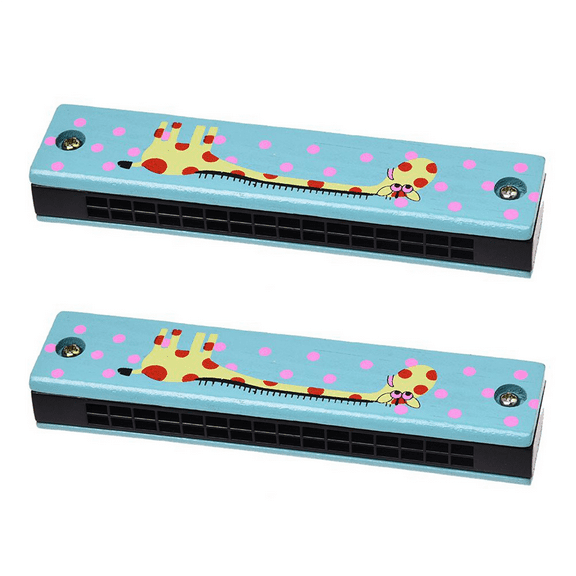 2X Wooden Giraffe Pattern Dual Series 32 Hole Harmonica Child Blue