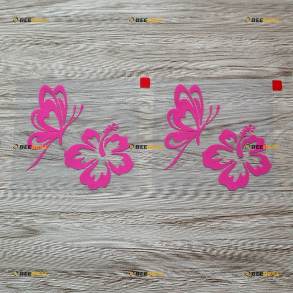 2X hot Pink 4 Inches Butterfly Hibiscus Flower Decal Vinyl Sticker Car Laptop Window Die Cut no bkgrd
