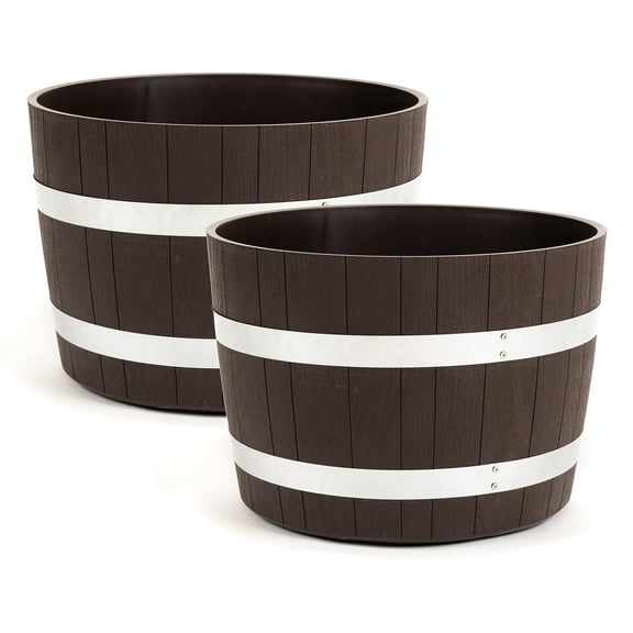 RTS Home Accents 100% Recycled Polyethylene 18 inch Heavy Duty Better Barrel Planter With Rusting Steel Bands, Walnut Color (2 Pack)