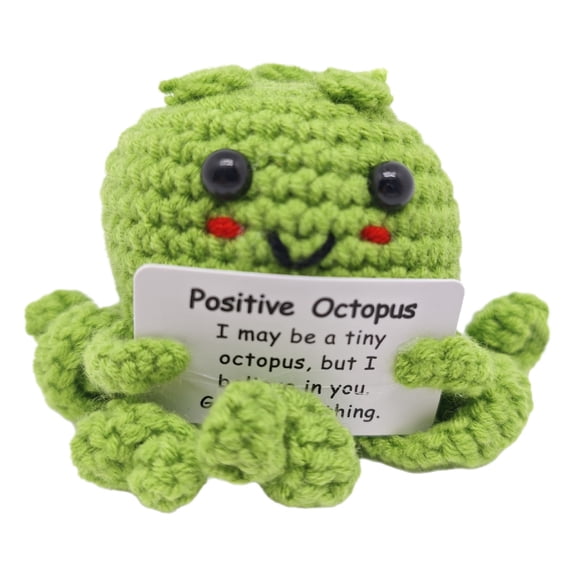 2X3 Inch Handmade Crochet Positive Octopus Stuffed Animal Inch Grass Green with Inspirational Card for Emotional Support Desktop Decor Birthday Gift