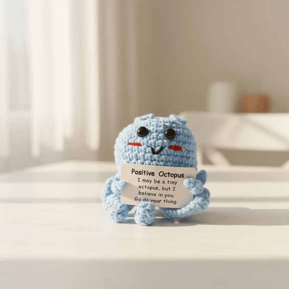 2X3 Inch Handmade Crochet Positive Octopus Stuffed Animal Inch Sky Blue with Encouragement Card for Emotional Support Office Desk Decor Creative Gift