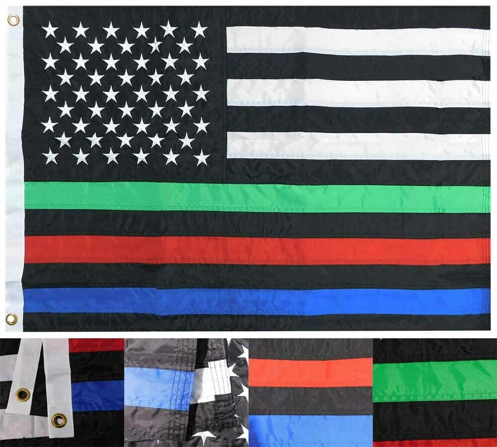 2X3 USA Thin Green Red Blue Line 2'x3' Nylon Embroidered Flag Banner 210D