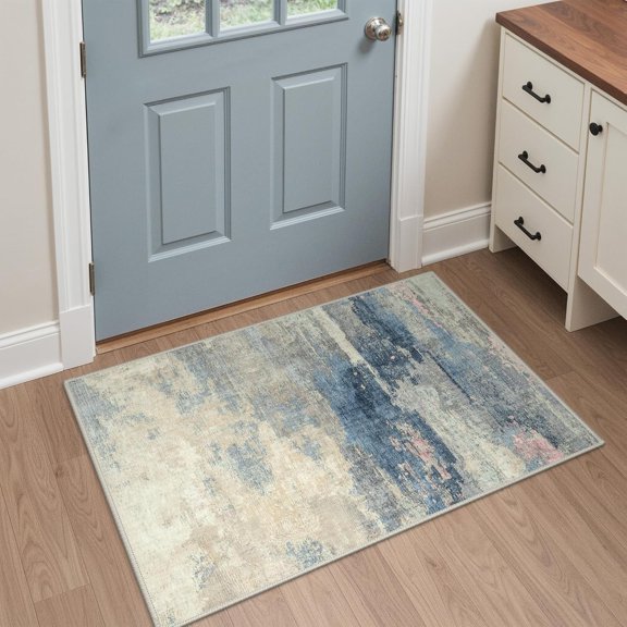 2X3 Washable Modern Doormat, Non-Slip Low Pile Chenille Area Rug, Small Entry Mat for Entrance Hallway Kitchen Bathroom, Dusk Tide