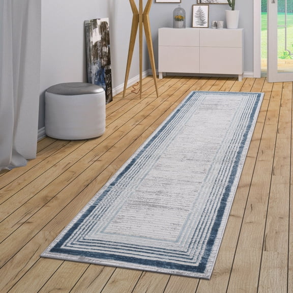 2X8 ft Blue Ivory Bordered Runner Rug,Large Entryway Kitchen Non-Shedding Carpet