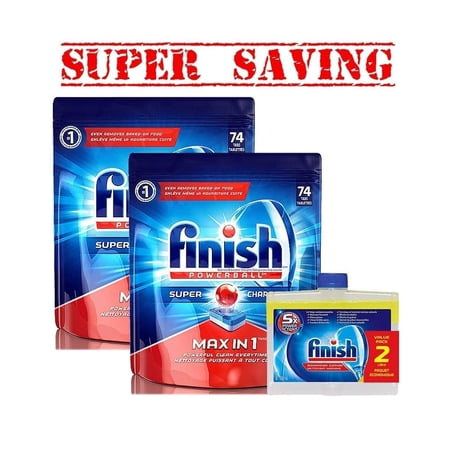 Finish Dishwasher Detergent Tablets 74 Count Max In 1 Powerball with 2 Cleaner Bottles