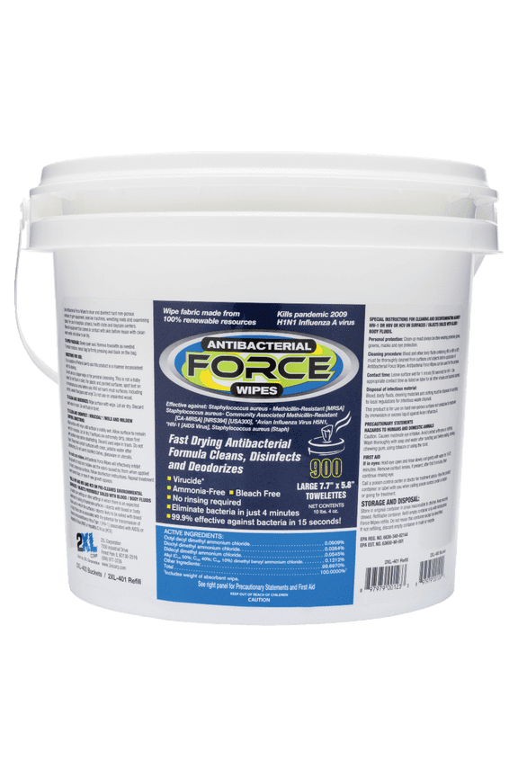Force Antibacterial Wipes, 6" x 8", White, Bucket Of 900