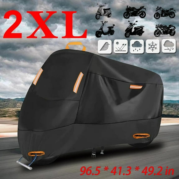 2XL Heavy Duty Motorcycle Cover, Waterproof & Weatherproof for Outdoor Storage. Protects from Snow, Rain, Winter Conditions.