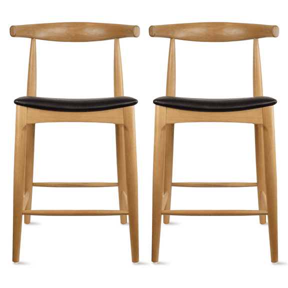 2xhome Solid Wood Farmhouse 25" Counter Stools with PU Leather Cushion Seat, Modern Accent Dining Elbow Chair Barstool (Natural Set of 2)